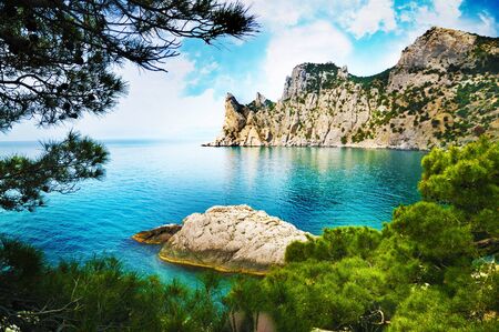 summer landscape with sea and mountainsの写真素材