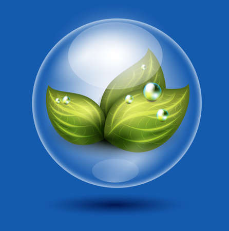 eco illustration of green leaves under glossy sphere protectionの写真素材