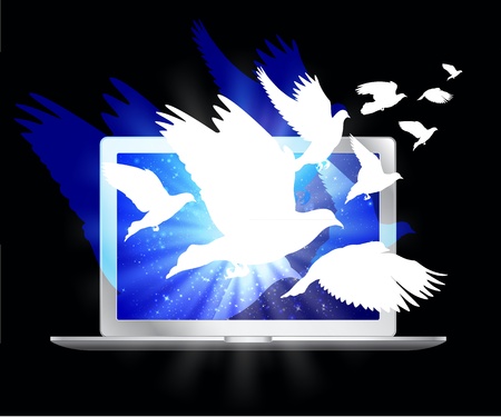 birds fly from laptop screen - illustrationのイラスト素材