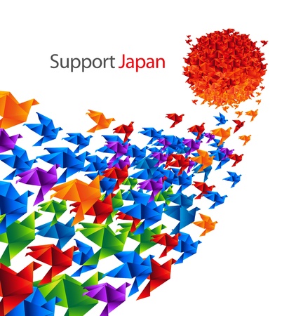 Japan social art - Colorful paper origami birds flying to the Sun (Japan flag metaphor) - as a symbol of support to Japanの写真素材