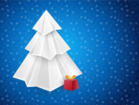 Christmas blue greeting card with white origami paper tree and a red present boxのイラスト素材