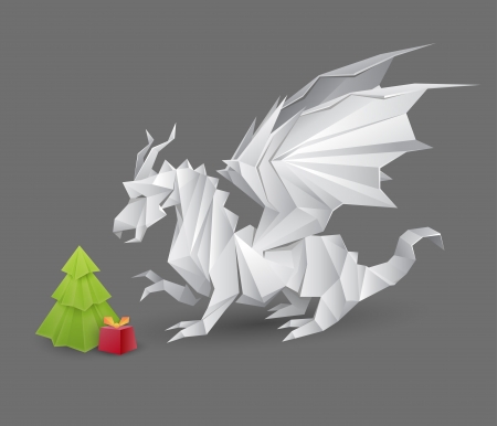 origami dragon and a Christmas tree with a present - vector creative illustrationのイラスト素材