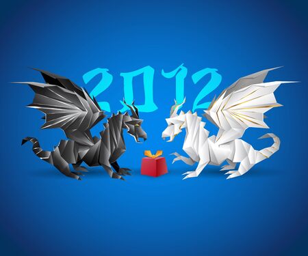 two origami dragons and a present, 2012 year in the backgroundのイラスト素材