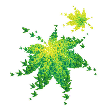 origami green leaves shaped from flying birdsの写真素材