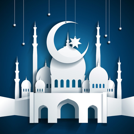 3d mosque and crescent moon with stars - Ramadan Kareem or Ramazan Kareem background - paper craft style - vectorのイラスト素材