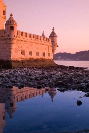 detail from belem tower with sunset light, postcard from lisbon, portugalのeditorial素材