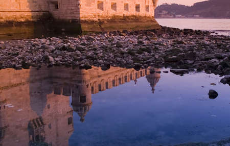 detail from belem tower with sunset light, postcard from lisbon, portugalのeditorial素材