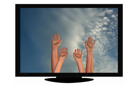 plasma tv with four hands raised up to sky - illustration