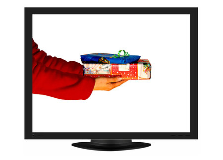 plasma tv with image of hands holding a gift - christmas or birthday present    
