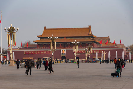 February 2020. Tiananmen Square is the large square near the center of Beijing, China, so called for the Tiananmen (literally, gate of Heavenly Peace) located to its north, which separates it from the Forbidden City.のeditorial素材