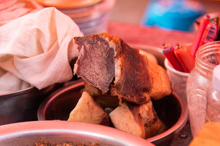 February 2019. Street food vendors at the foot of Baoxiang temple is also called Shibao temple, which is located in the precipitous cliff of the Foding mountain in Dalì.のeditorial素材