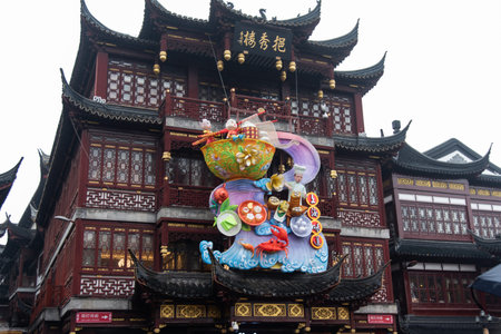 February 2019, Shanghai. Yuyuan Old Street decorated for the Chinese New Yearのeditorial素材