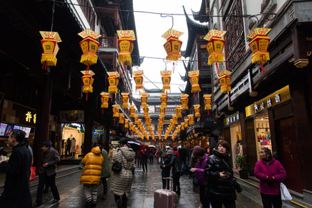 February 2019, Shanghai. Yuyuan Old Street decorated for the Chinese New Year
