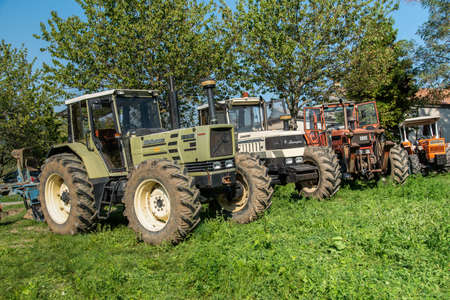 September 2020, Calestano province of Parma, Italy. Three tractors. Same galaxy 170. Hurlimann h 6170 t.のeditorial素材