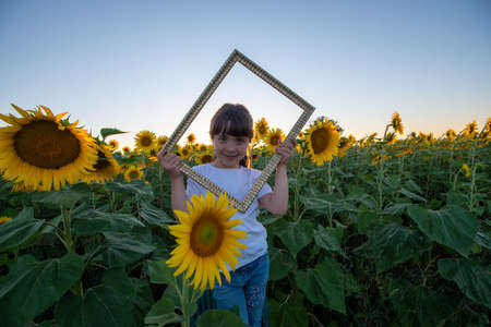 September 2020, Bibbiano, Italy. Sweet little girl, with her face in a frame, in a sunflower fieldの写真素材