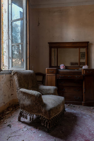 Italy, January 20, 2021. Bedroom in an abandoned country villaのeditorial素材