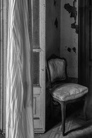 Italy, January 20, 2021. Bedroom in an abandoned country villaのeditorial素材