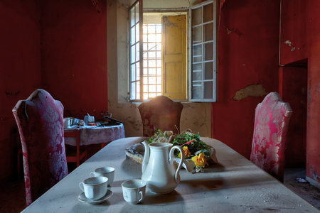 September 2021, Italy. Sitting room in an abandoned castle, with the table still set. Urbexのeditorial素材