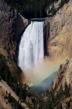 Overlook view of Lower Falls with rainbow, Yellowstone National Park, Wyoming.の写真素材