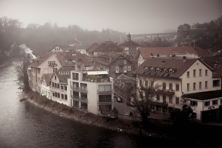 Bern winter foggy landscape on Aare river.の写真素材