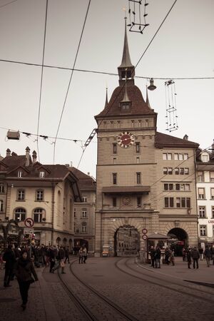 Bern street view with tram rails, historic center and Zytglogge tower. Switzerland.のeditorial素材