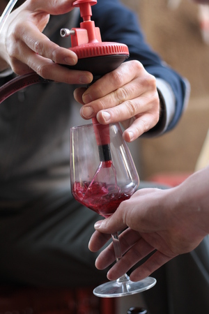 Filling a glass with home made wine. Home production concept.の写真素材