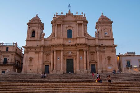 Cathedral of Noto, Noto cathedral, facade, central view, at sunset. Sicily, Italy.のeditorial素材