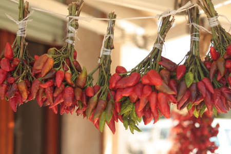 Hanging red peppers bunches on sale at local market, Otranto, Italy.の写真素材