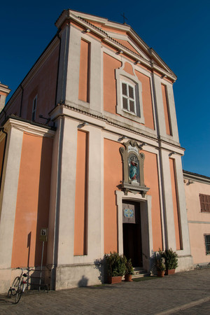 The facade of San Giacomo church, in central Cesenatico, Emilia Romagna, Italy.のeditorial素材
