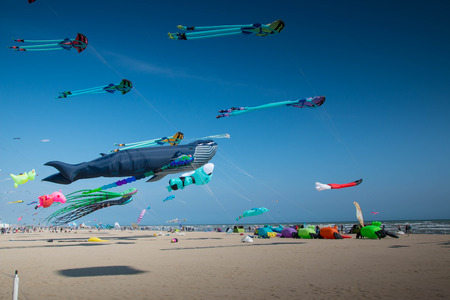 Many colorful kites in different shapes on the beach at Cervia international kite festivalのeditorial素材