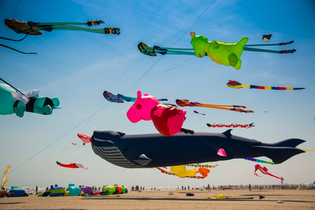 Many colorful kites in different shapes on the beach at Cervia international kite festivalのeditorial素材