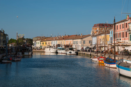 View of Porto Canale, the central canal in the beautiful town of cesenatico, on the adriatic coast in italy.のeditorial素材