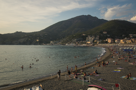 View of levanto beach at sunset. Liguria, northern Italy.のeditorial素材
