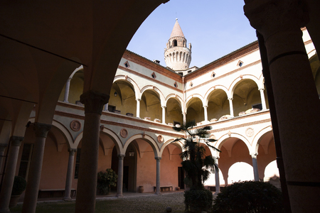 The inner courtyard with the characteristic tower. Rivalta castle, Emilia Romagna, Italy.のeditorial素材