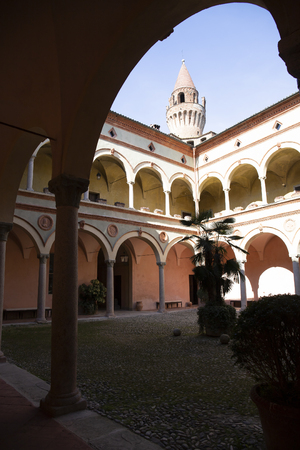 The inner courtyard with the characteristic tower. Rivalta castle, Emilia Romagna, Italy.のeditorial素材