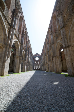 The central nave of San Galgano Abbey on a sunny day. Tuscany, Italy. Vertical shot.