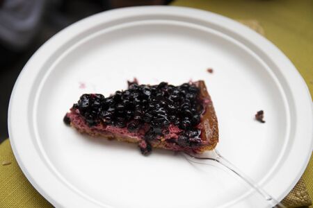 Slice of blueberry cake in a white disposable plate with a plastic fork. Rassa blueberry festival, Piedmont, Italy.の写真素材