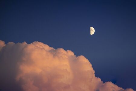 Pastel tones sky at blue hour, with pink fluffy clouds and half moon.の写真素材