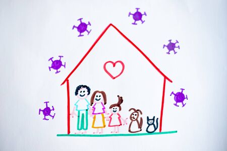 Isolated child's drawing, representing she and her family and pets happy at home during covid-19 lockdown for coronavirus pandemic, with viruses outside of their house.の写真素材
