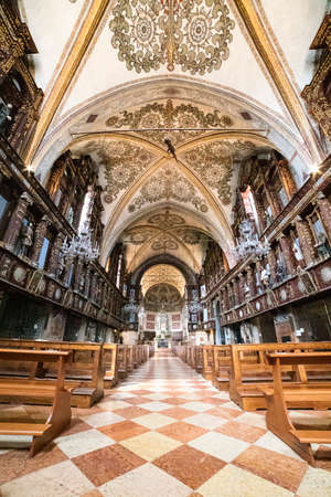 Interior view in Santa Maria delle Grazie Sanctuary in Curtatone, Italy, famous for the crocodile hanging from the ceiling. Vertical shot.のeditorial素材