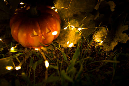 Halloween pumpkin lit on grass and leaves surrounded by string lights. Wallpaper with copy space.の写真素材
