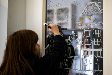 Little caucasian child girl decorating home window for Christmas with white pencil (liquid chalk). Festive home decor idea. Close up.の写真素材