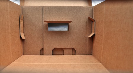 Perspective view of corrugated cardboard box interiorの写真素材
