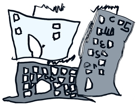 Child's drawing with house and skyscraper on whiteの写真素材