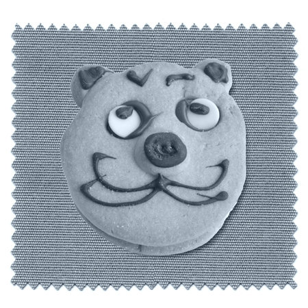 Baked cookie with cat face over blue tableclothの写真素材