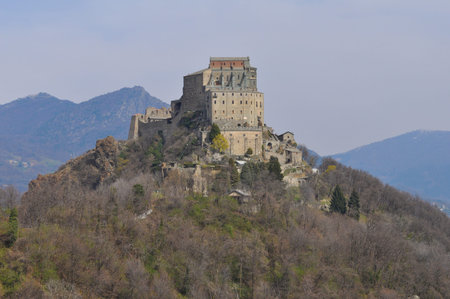 Sacra di San Michele (Saint Michael Abbey) on Mount Pirchiriano in St Ambrogio Italyの写真素材