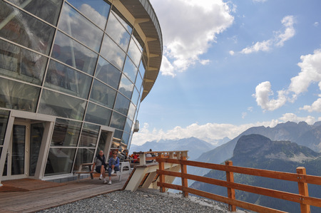 AOSTA VALLEY, ITALY - AUGUST 06, 2015: The new SkyWay aerial tramway links the city of Courmayeur with Pointe Helbronner on the top of Mont Blanc massifのeditorial素材