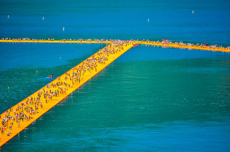 LAKE ISEO, ITALY - CIRCA JUNE 2016: High_dynamic_range (HDR) The Floating Piers site specific...