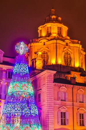TURIN, ITALY - DECEMBER 8, 2014: High_dynamic_range (HDR) Christmas tree decorations in Piazza Castello central squareのeditorial素材