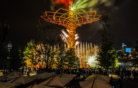 MILAN, ITALY - SEPTEMBER 10, 2015: High_dynamic_range (HDR) Night view of Albero della Vita meaning Tree of Life at Italy pavilion at the Expo 2015 Feeding The Planet Energy For Life international expositionのeditorial素材